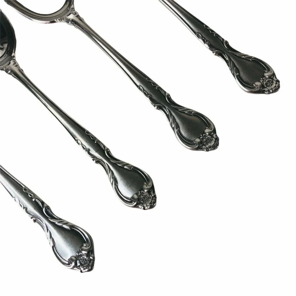 4 Lyon International Queens Fancy Soup Spoons Oval‎ Stainless Flatware Satin VTG